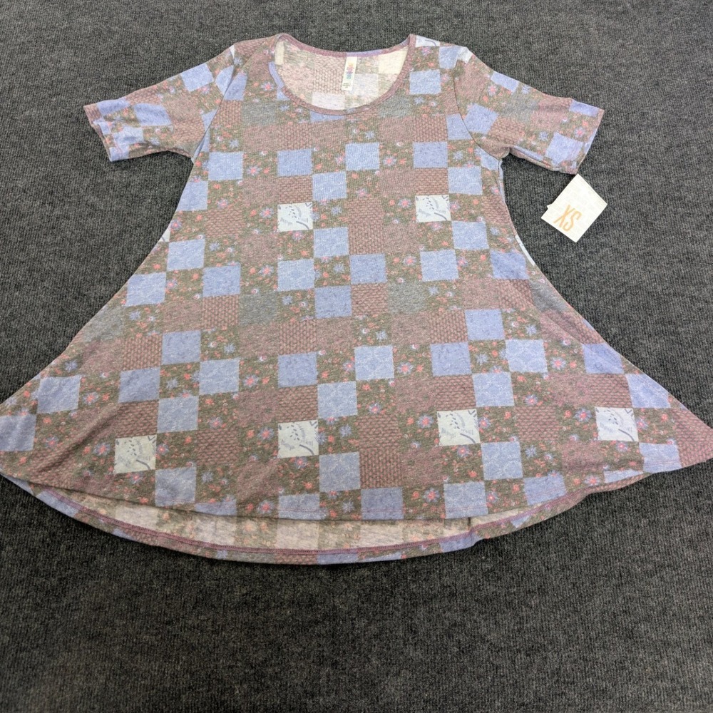 LuLaRoe Perfect T Women XS Blue Mauve NEW Patchwork Floral Side Slit Tunic
